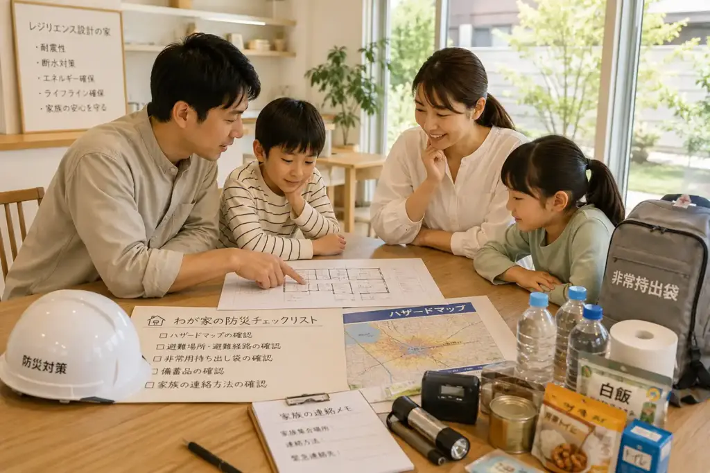 custom-home-resilience-design-disaster-preparedness | アップルホーム 注文住宅のレジリエンス設計で防災と災害時の備えを家族で確認する様子