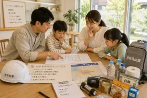注文住宅のレジリエンス設計で防災と災害時の備えを家族で確認する様子