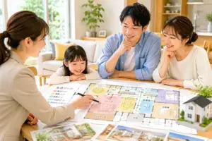 注文住宅の間取りで家族の生活ゾーンを確認する住宅アドバイザーと家族