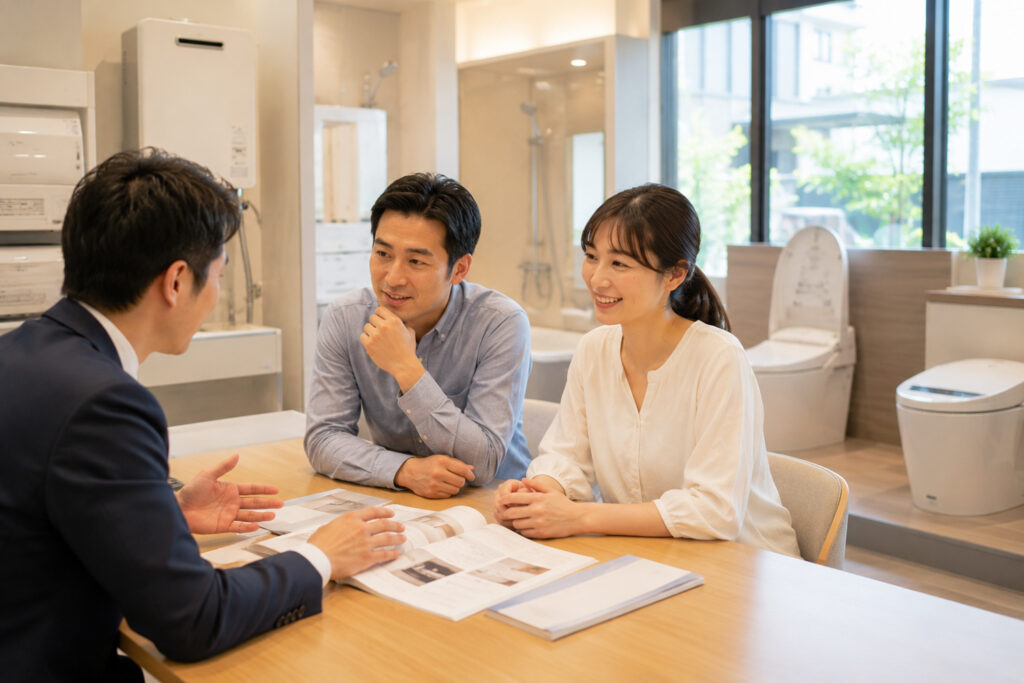 給湯器や水回り設備の省エネリフォームを相談する夫婦