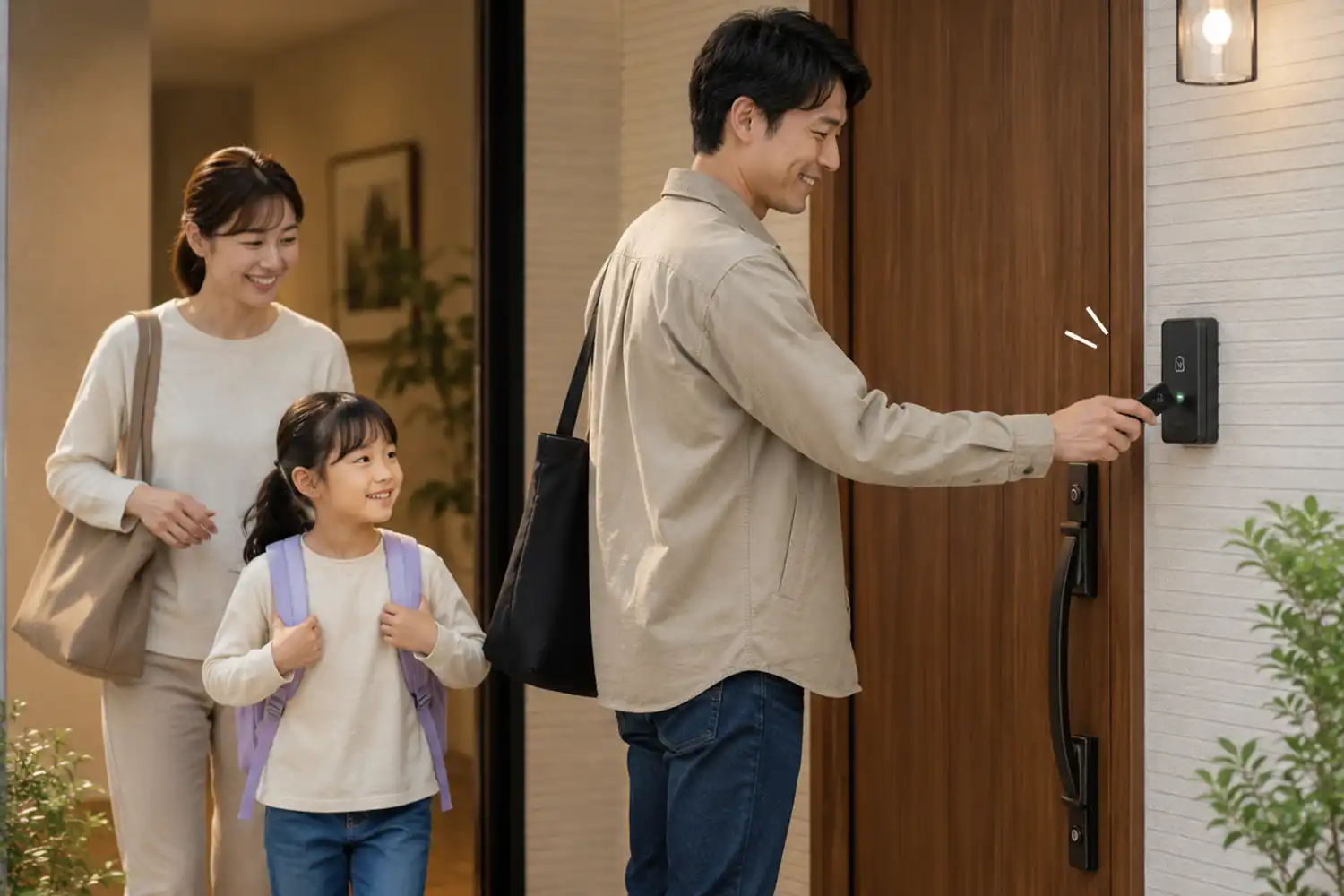 玄関スマートキーを使って子どもと帰宅する家族