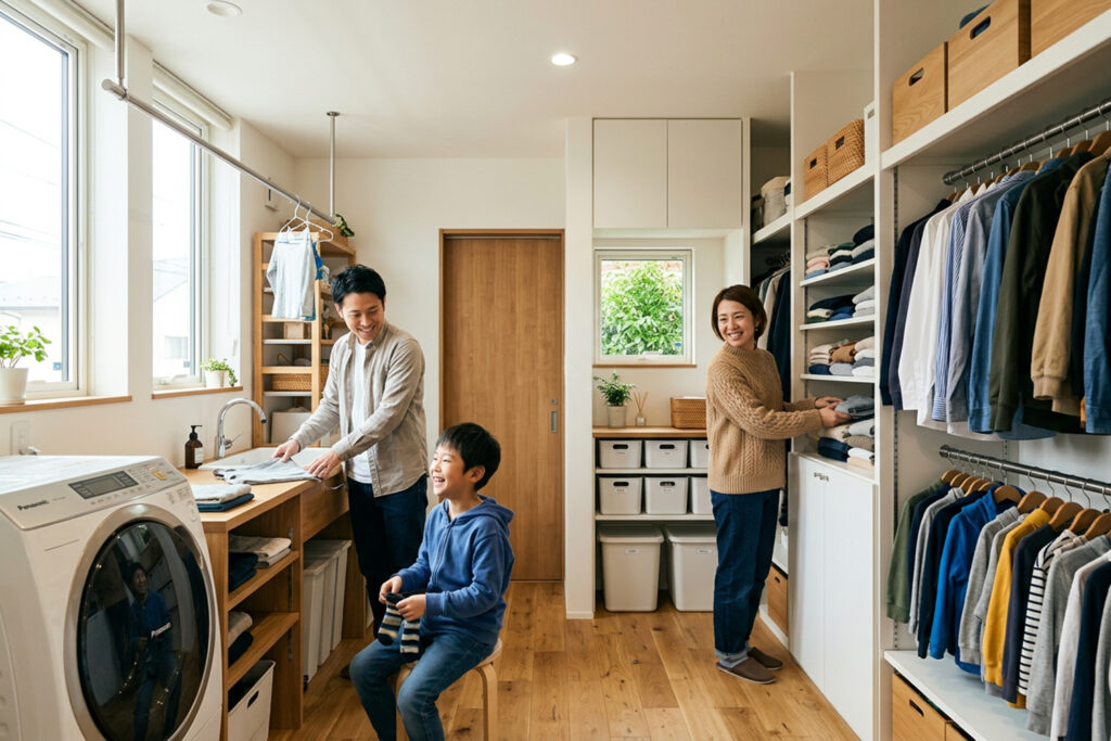 ランドリールームとファミリークローゼットをつなげた家事動線
