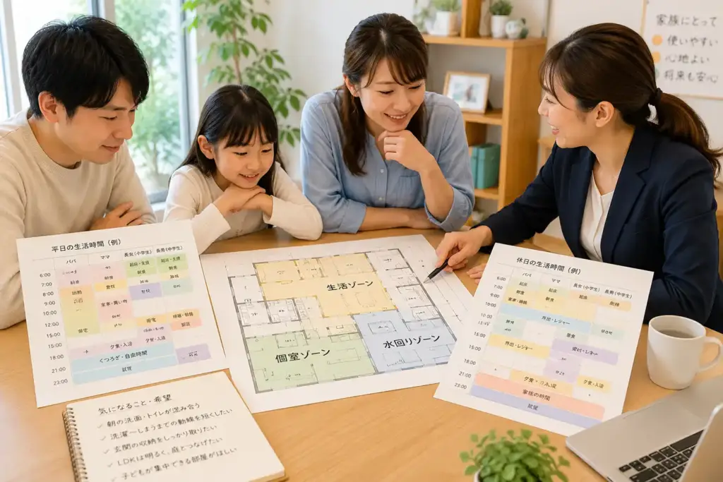 family-daily-routine-zoning-meeting | アップルホーム 家族の生活時間を確認しながらゾーニングを相談する打ち合わせ風景