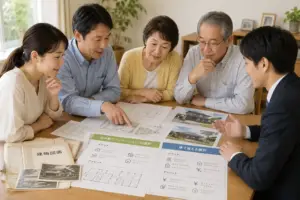 実家を住み継ぐか建て替えるか家族で図面を見ながら相談している様子
