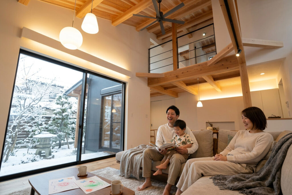 全館空調の家で冬も薄着で快適に過ごす家族のイメージ