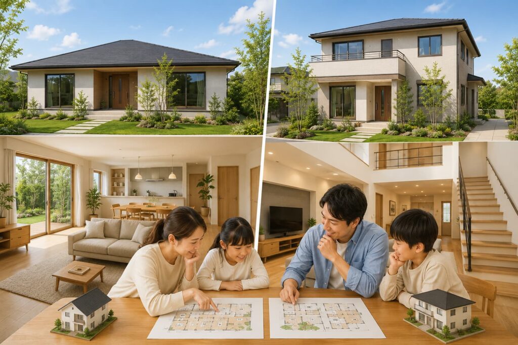 注文住宅で平屋と2階建ての暮らしやすさを比較する家族の住まいイメージ