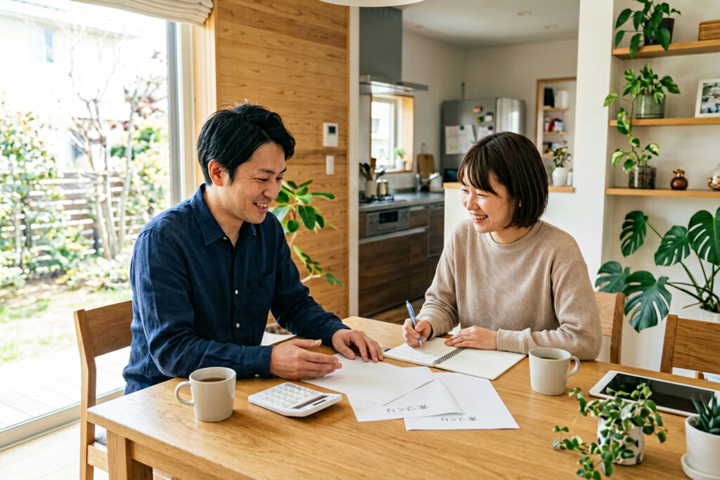 住宅ローンと家づくり予算を確認する家族