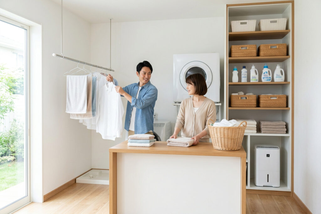 室内干しで失敗しにくいランドリールームの収納と物干し