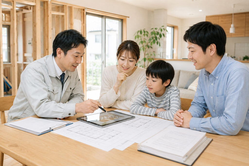 large-renovation-building-confirmation-2026-eyecatch | アップルホーム 大規模リフォームの建築確認について家族と担当者が相談している様子