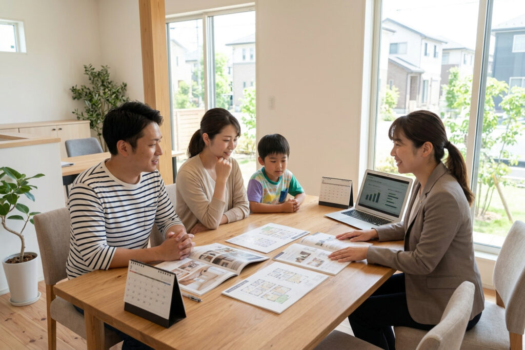みらいエコ住宅2026第2期に向けて注文住宅の計画を相談する家族