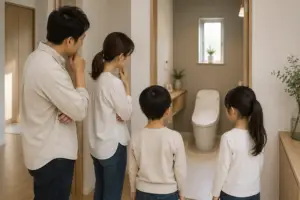 注文住宅のトイレを1台にするか2台にするか家族で検討する住まいのイメージ
