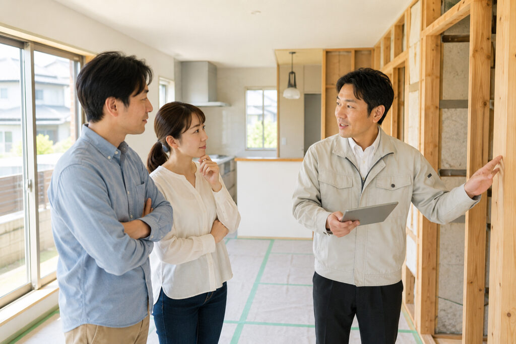 renovation-building-confirmation-consulting | アップルホーム 木造戸建ての改修現場で担当者がリフォーム範囲を説明している様子