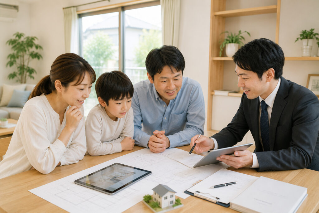 renovation-schedule-cost-consultation | アップルホーム リフォーム計画について家族が担当者に相談している明るい室内