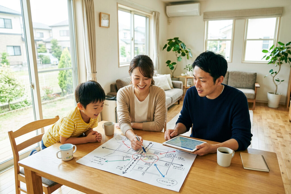 埼玉県西部の希望エリアを地図で確認する家族