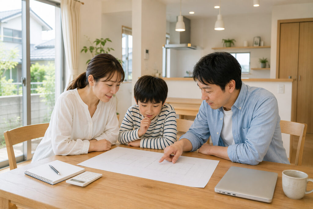 wooden-house-renovation-family-check | アップルホーム 家族がリフォーム前に図面を見ながら確認事項を整理している様子