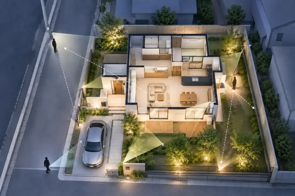 approach-window-lighting-plan | アップルホーム 注文住宅の防犯照明で道路や隣地からの視線を確認する計画図