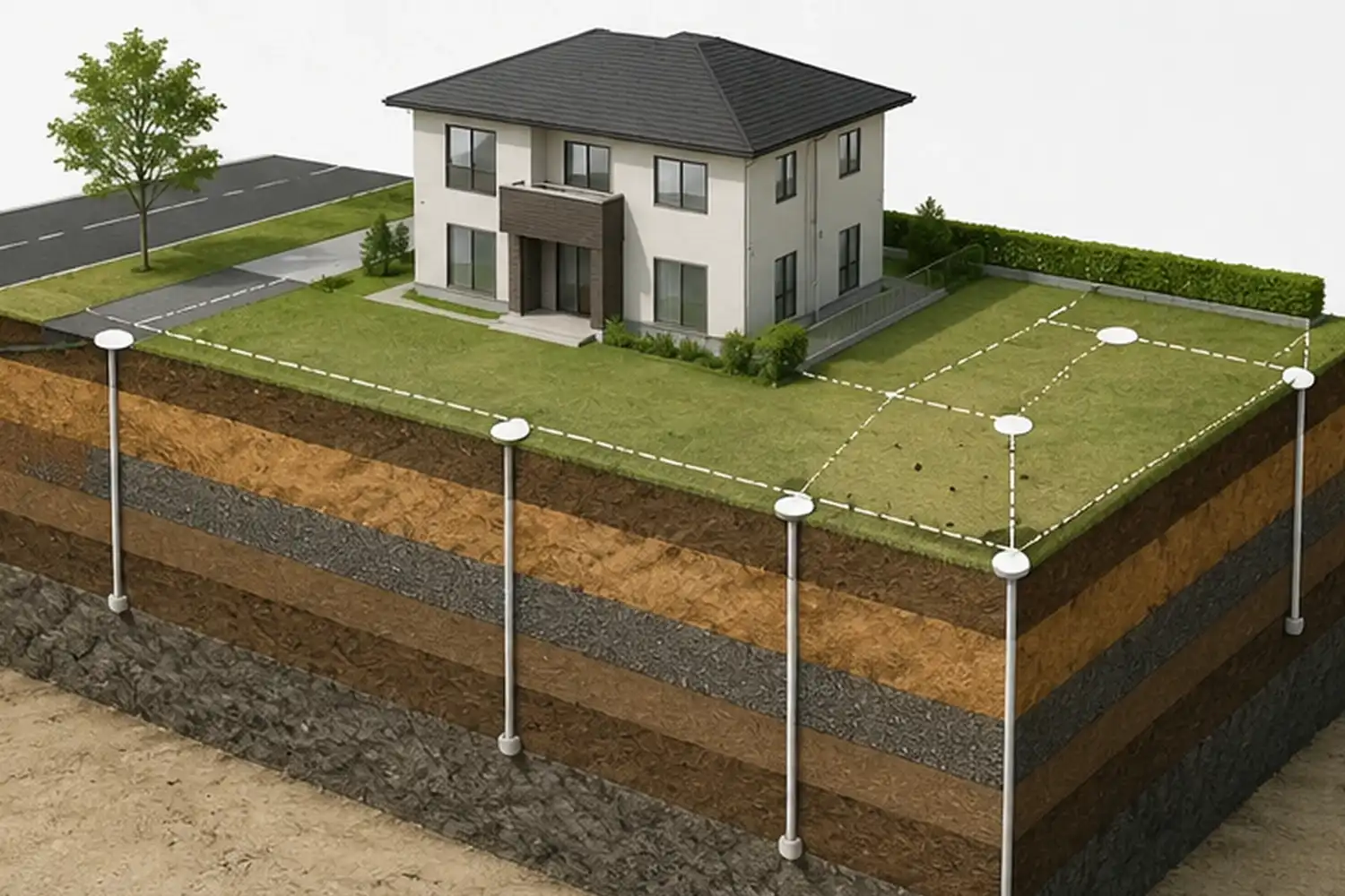 地盤調査で確認する土地の強さや地層を説明する注文住宅のイメージ