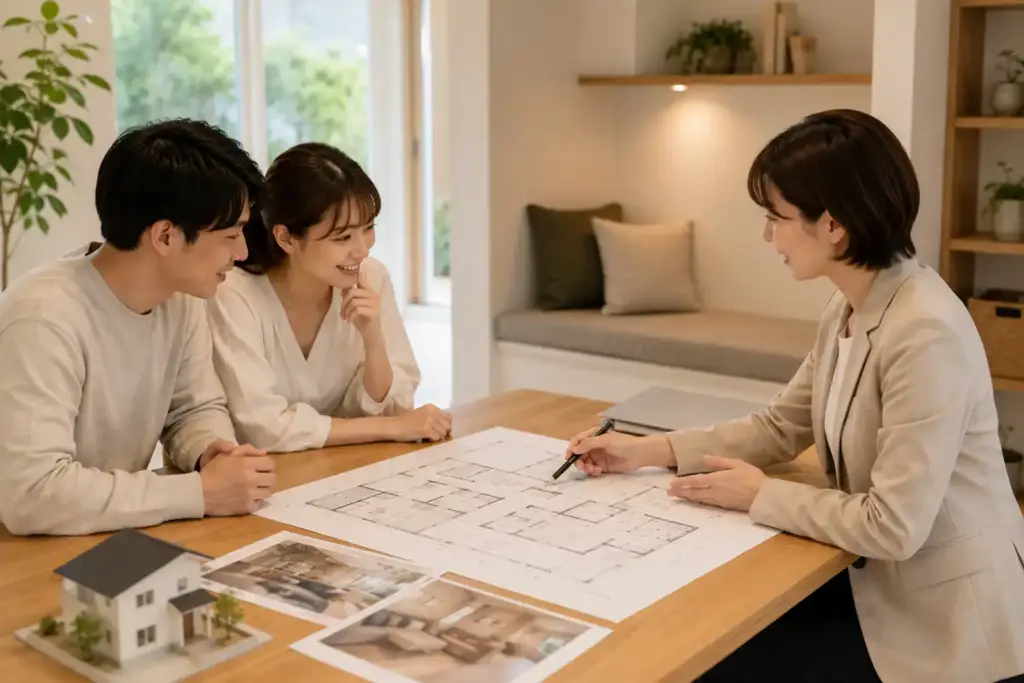 注文住宅のヌックの位置と動線を間取りで確認する打ち合わせイメージ