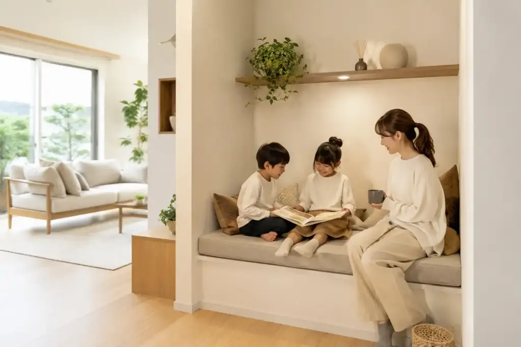 注文住宅のヌックで読書やくつろぎを楽しむ家族の住まいイメージ