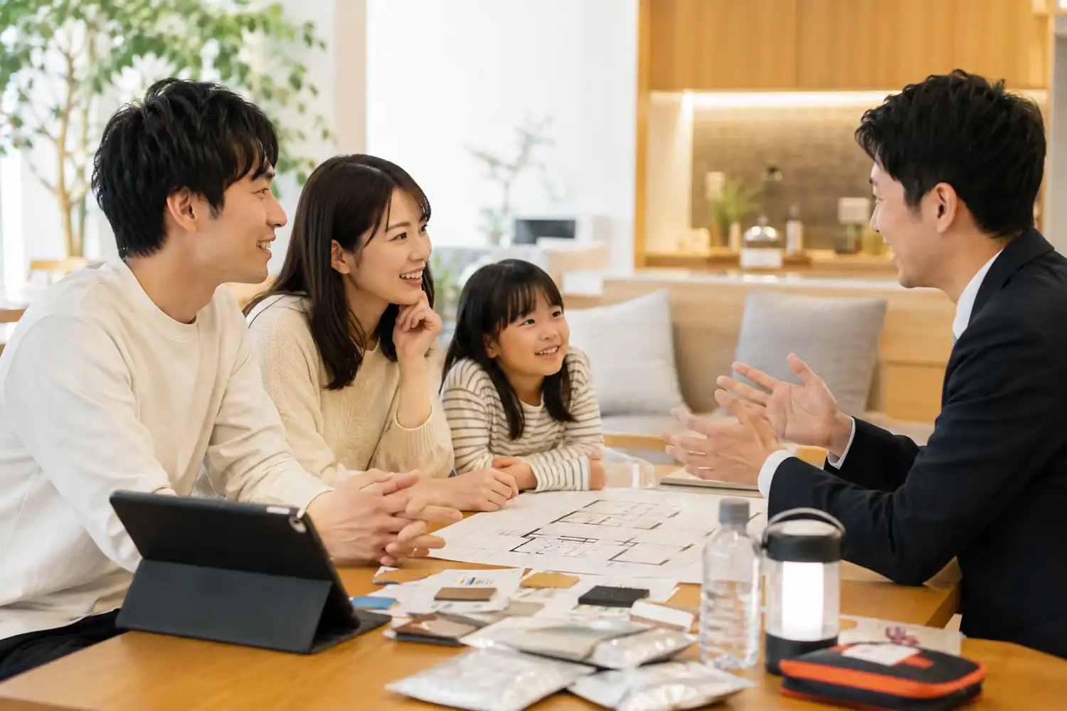 家族で防災住宅の設備と間取りを相談する打ち合わせイメージ