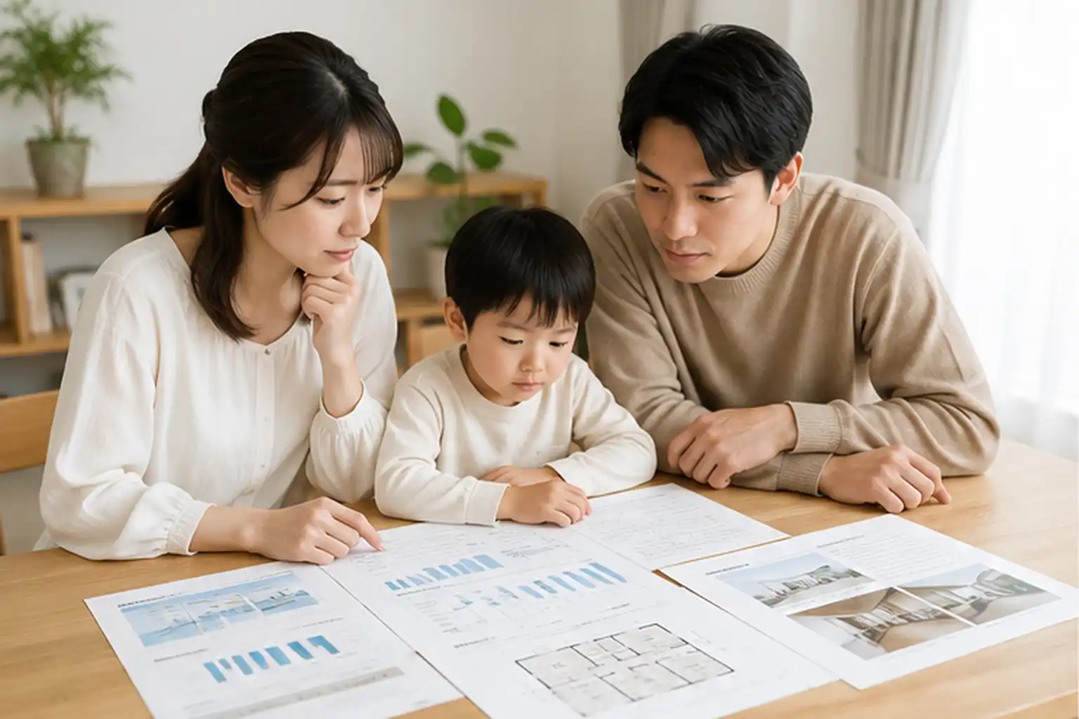 住宅ローンのフラット35と金利を確認しながら注文住宅を検討する家族
