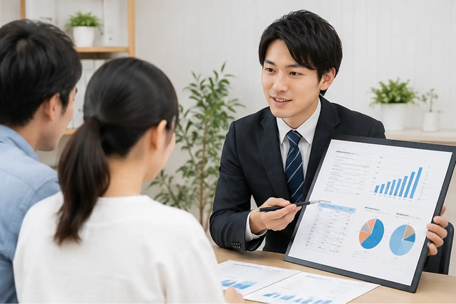 住宅ローンのフラット35と固定金利の特徴を比較する打ち合わせ