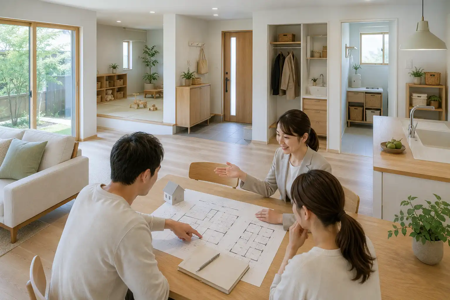 平屋の子育て間取りで帰宅動線と家事動線を確認するイメージ