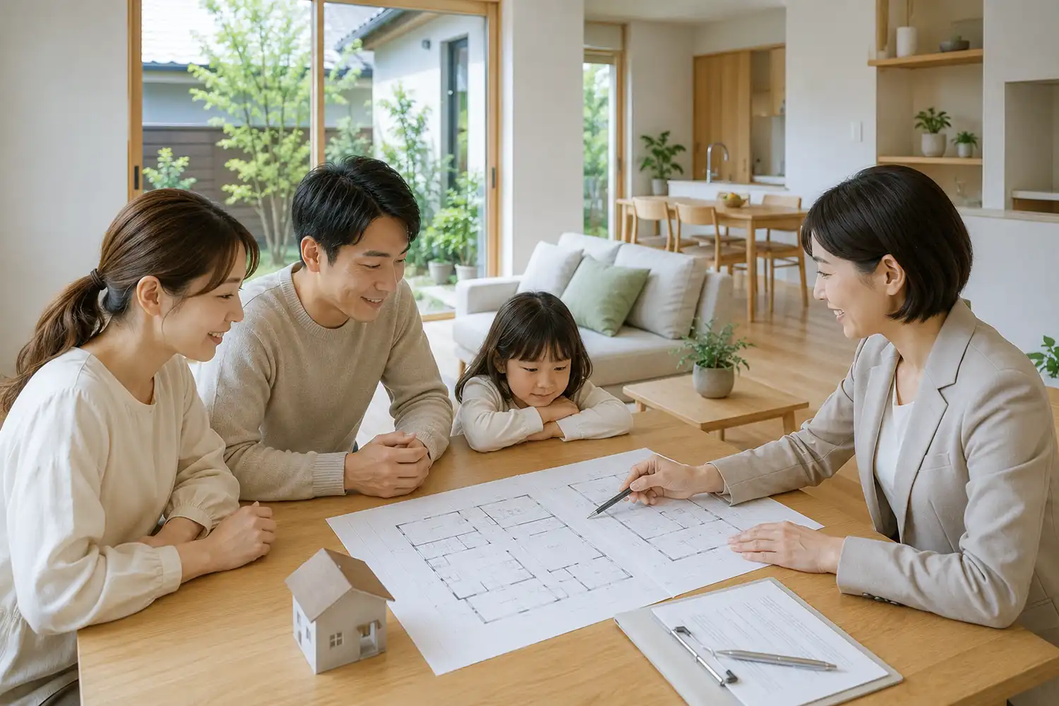 子育てしやすい平屋の間取りを住宅アドバイザーに相談する家族