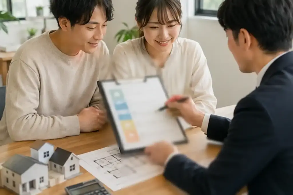 home-budget-checklist-consultation | アップルホーム 住宅ローン金利を見ながら注文住宅の資金計画を相談する家族