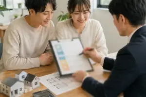 住宅ローン金利を見ながら注文住宅の資金計画を相談する家族