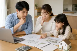 住宅ローンの繰り上げ返済を家族で検討する注文住宅の資金計画イメージ