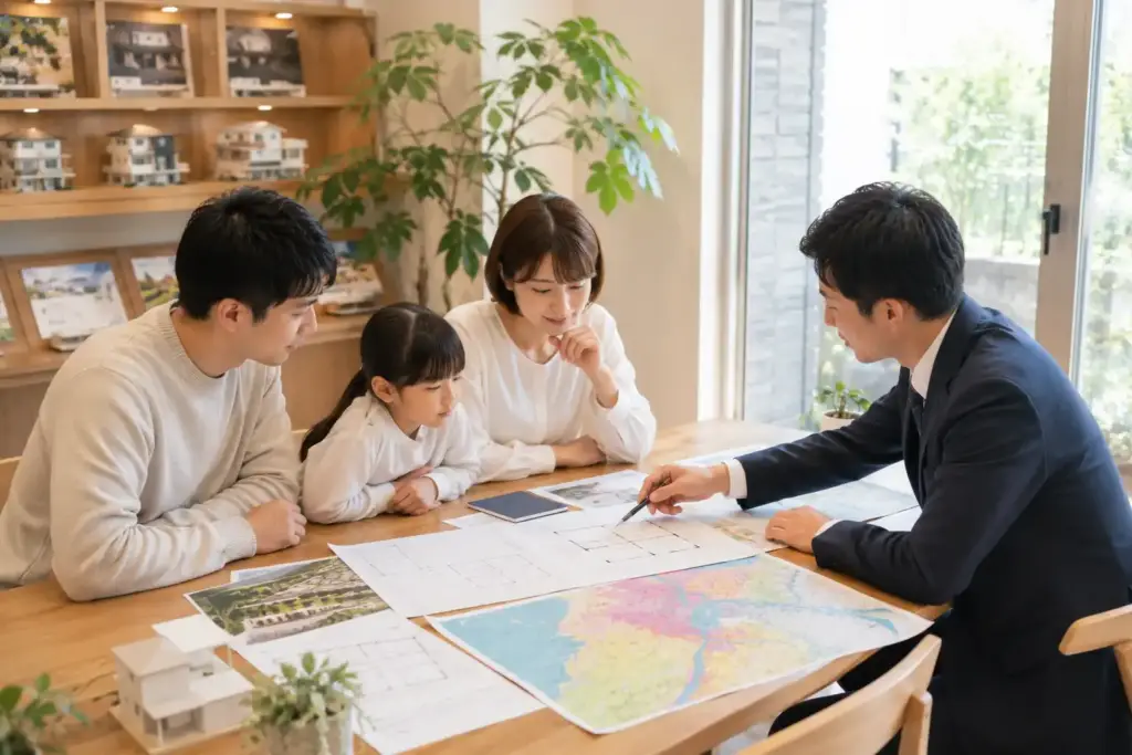 iruma-hazard-map-consultation | アップルホーム 所沢入間狭山で注文住宅の防災計画を相談する家族