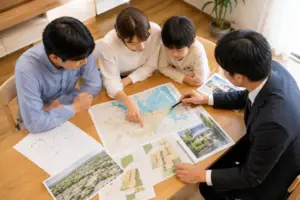 入間市のハザードマップを確認しながら注文住宅の土地を検討する家族