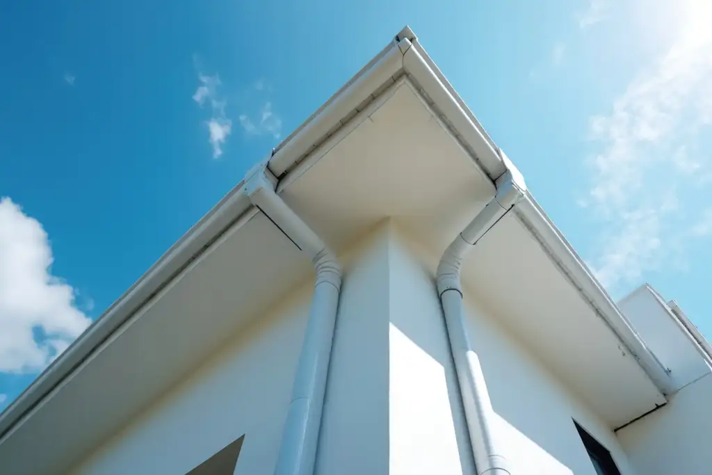 roof-gutter-after-typhoon-check | アップルホーム 台風後に屋根と雨樋の異常を地上から確認する住宅イメージ