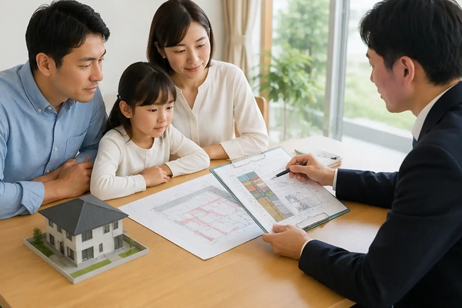 埼玉県西部で注文住宅の地盤調査を相談する家族と住宅アドバイザー