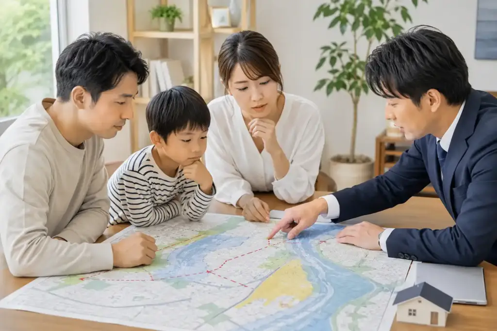 狭山市のハザードマップを確認しながら注文住宅の土地条件を考える家族