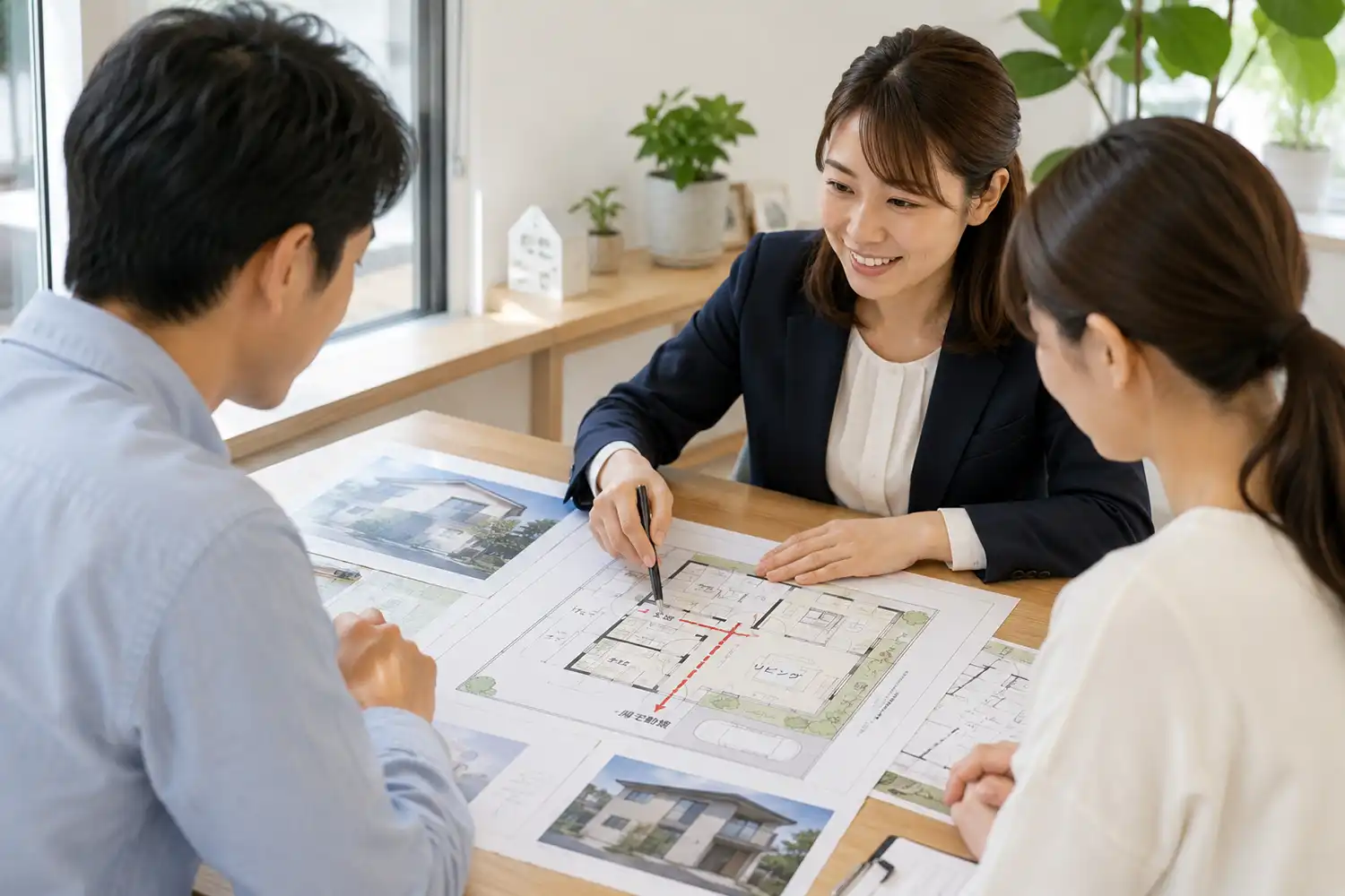 注文住宅の玄関と窓の防犯を確認する間取り打ち合わせのイメージ