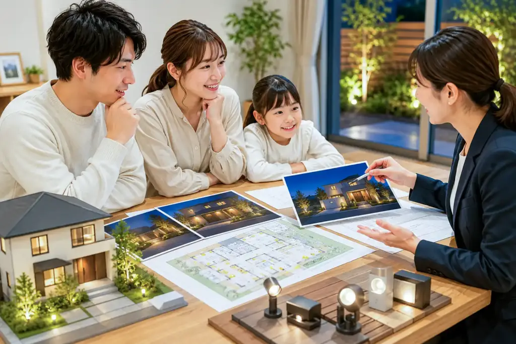 security-lighting-consultation-checklist | アップルホーム 注文住宅の防犯照明について家族と住宅アドバイザーが相談する様子