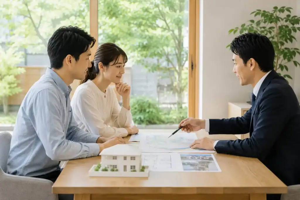 tokorozawa-family-hazard-consultation | アップルホーム 所沢市で平屋や注文住宅の防災確認を相談する家族と住宅アドバイザー