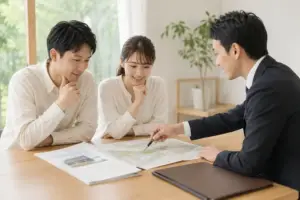 所沢市のハザードマップを確認しながら注文住宅の土地探しを考える家族
