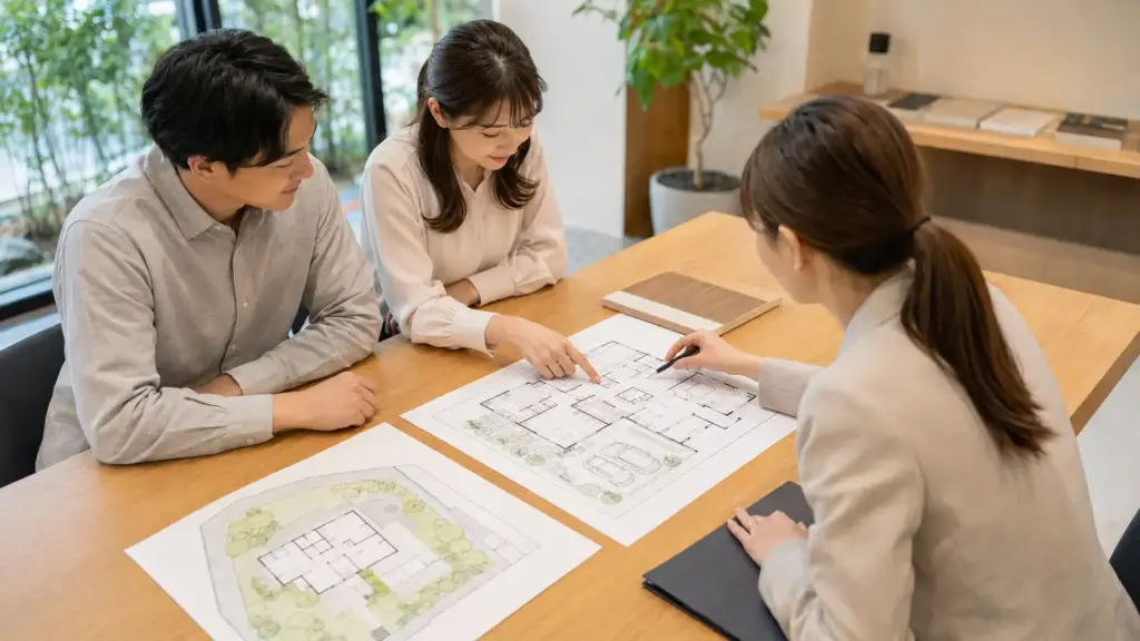 air-conditioner-home-planning-consultation | アップルホーム 注文住宅の図面を見ながらエアコン計画を相談する家族