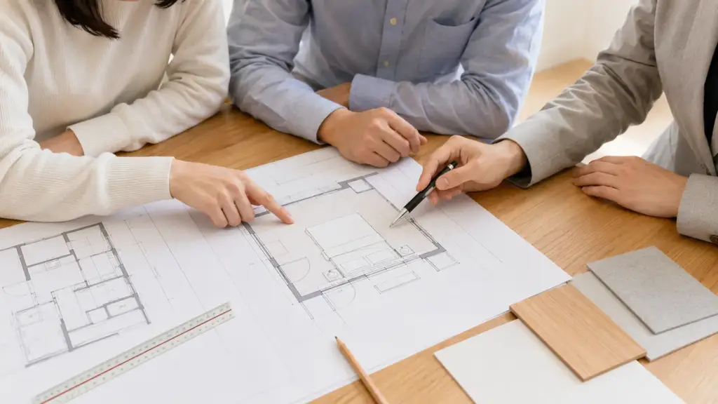 bedroom-layout-air-conditioner-plan | アップルホーム 注文住宅の寝室でエアコンの風向きと家具配置を確認する夫婦