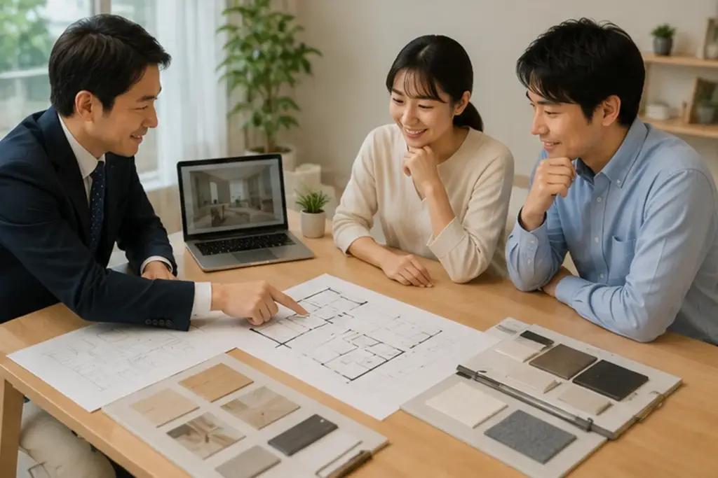 注文住宅の寝室計画について図面を見ながら相談する家族