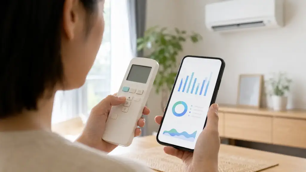 calculate-summer-air-conditioner-cost | アップルホーム 戸建てのリビングでエアコンの消費電力を確認する家族