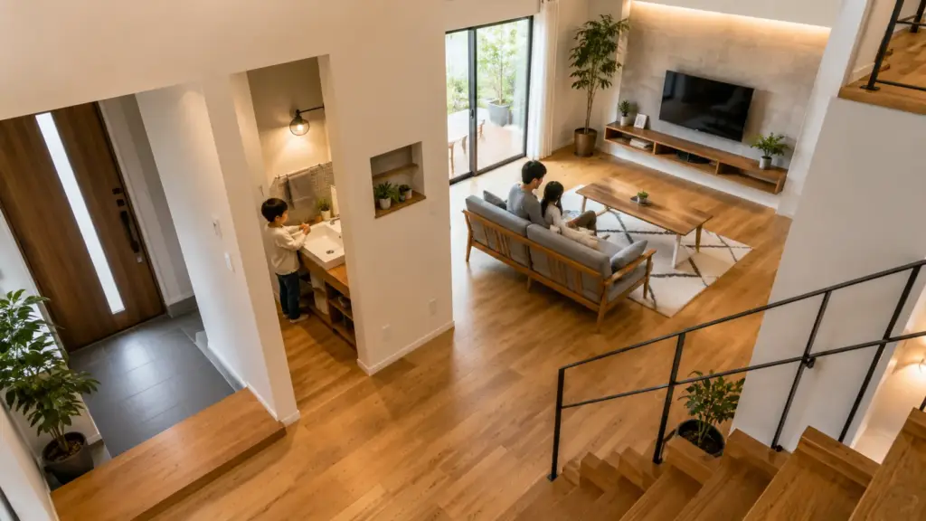 child-home-alone-safety-zoning | アップルホーム 子どもの帰宅動線と見守りやすいリビングを考えた間取り