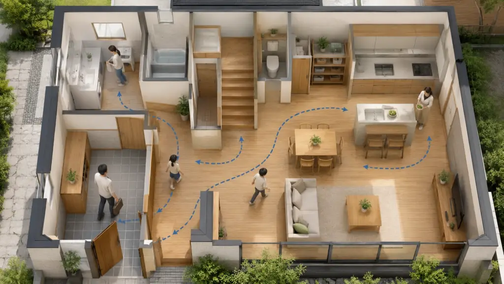 家族の生活動線が交差しにくい廊下の少ない注文住宅の間取り