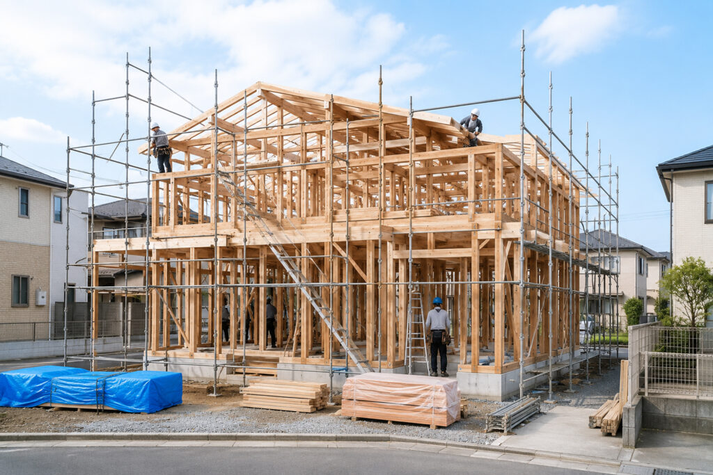 custom-home-framing-construction-stage | アップルホーム 注文住宅の上棟時期を迎えた木造住宅の建築現場