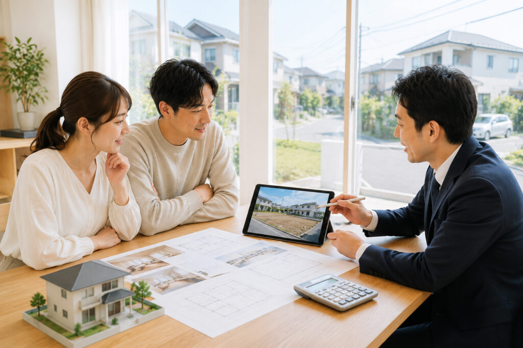 custom-home-land-settlement-meeting | アップルホーム 土地購入の資金計画について説明を受ける子育て世帯