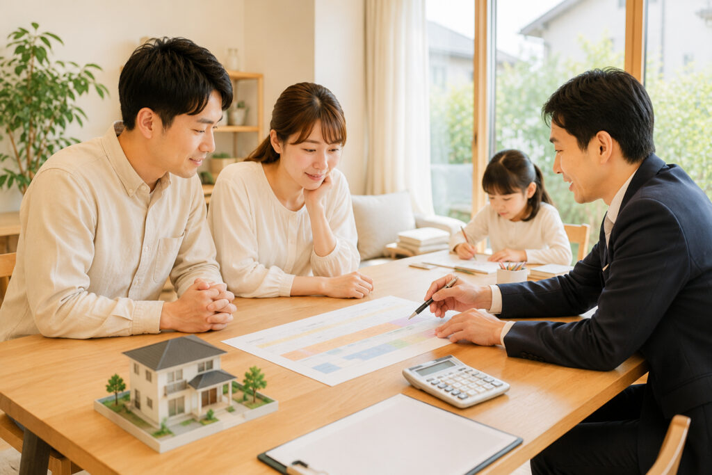 custom-home-payment-timeline-consultation | アップルホーム 注文住宅の支払いスケジュールを確認する夫婦と住宅アドバイザー