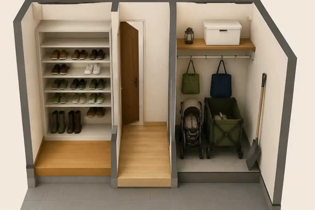 doma-storage-shoes-cloak-difference | アップルホーム 玄関横の土間収納とシューズクロークの違いを説明するイメージ